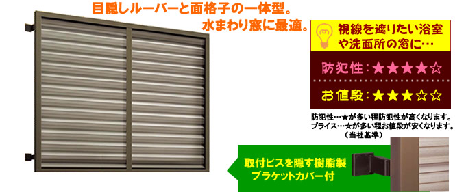 目隠し可動ルーパーと面格子の一体型 水まわり窓に最適。視線を遮りたい浴室や洗面所の窓に…